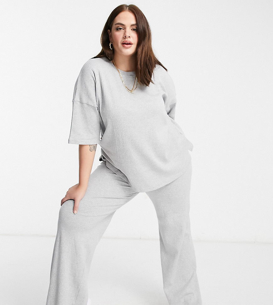 Missguided Plus t-shirt and wide leg pant set in gray marl-Grey