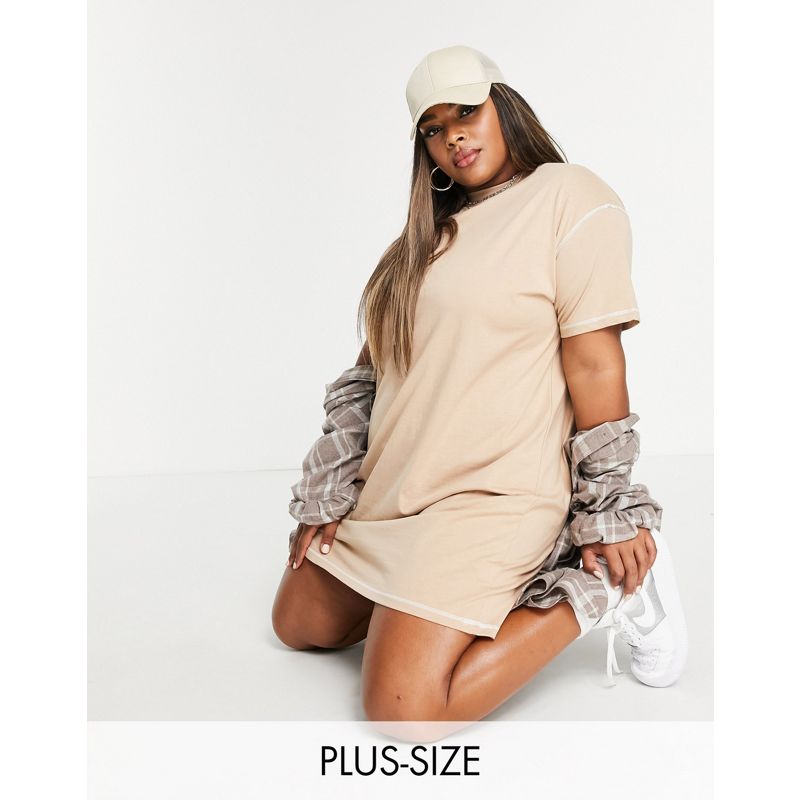 Missguided Plus – T-Shirtkleid mit Kontrastnähten in Camel