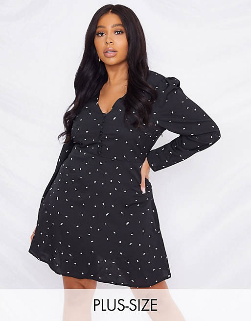 Missguided Plus tea dress with long sleeves in black dalmatian