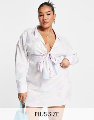 Missguided Plus tie front mini shirt dress in abstract print