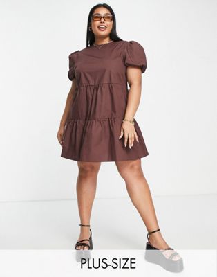 Missguided Plus tiered smock dress in chocolate