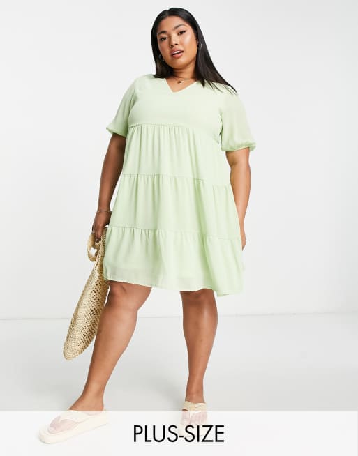 Missguided Plus tiered smock mini dress in light green