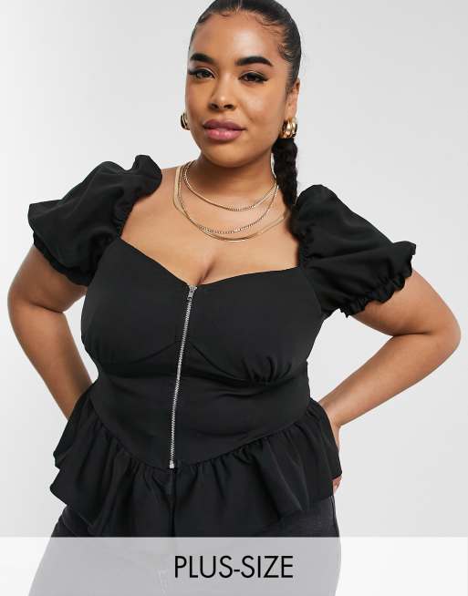 Missguided Plus - Top peplum zippé sur le devant à manches bouffantes - Noir