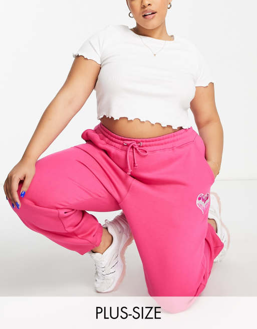 Missguided Plus trackies with good vibes slogan in bright pink (part of a set)