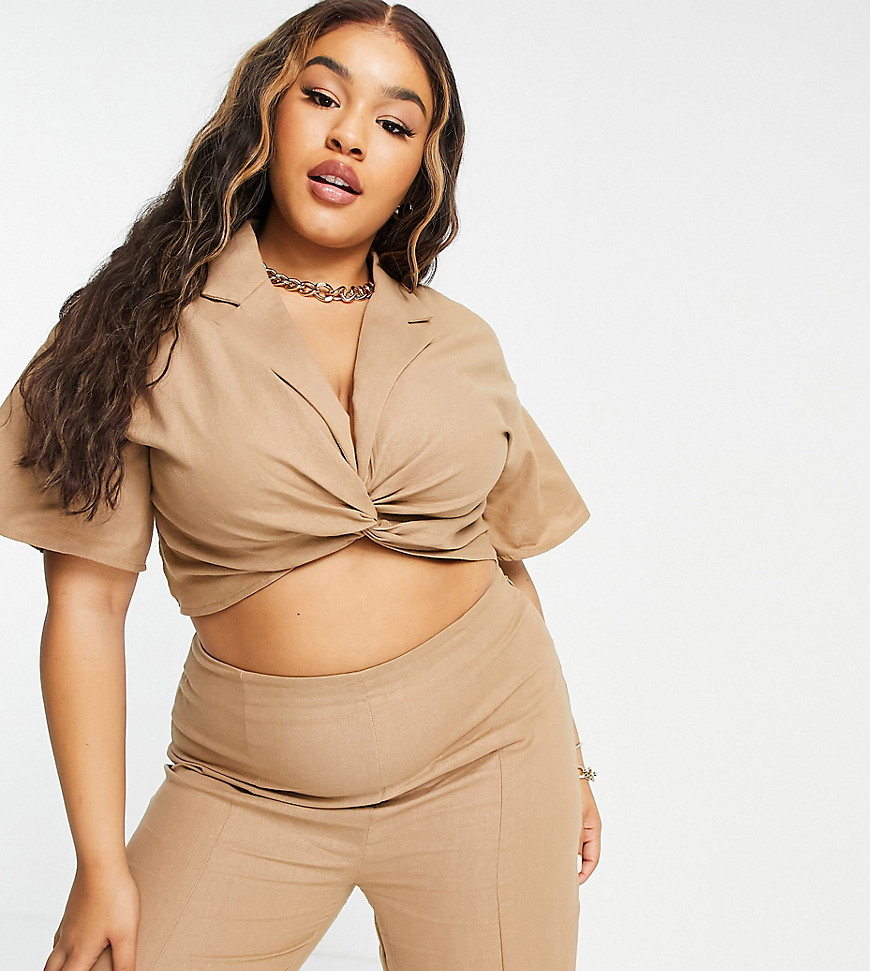 Missguided Plus twist front crop top with collar in brown - part of a set