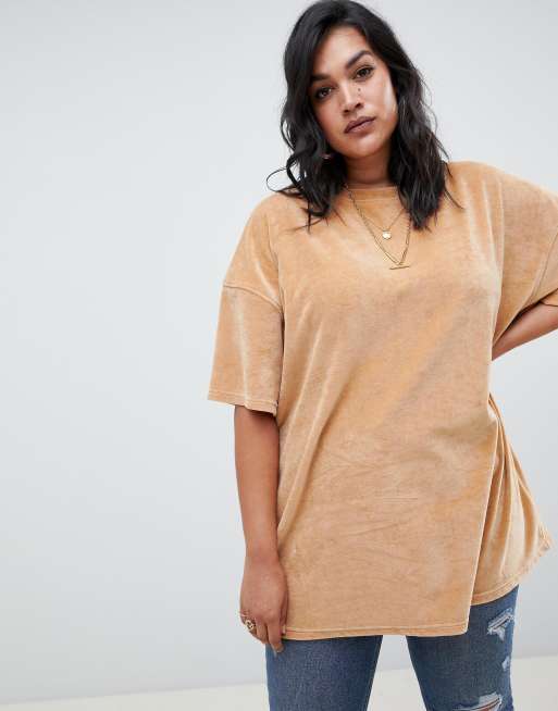 Missguided Plus velour oversized t-shirt in camel