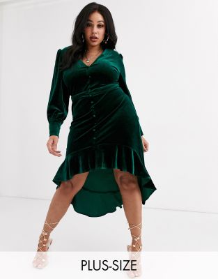 Missguided Plus velvet high low dress in emerald green