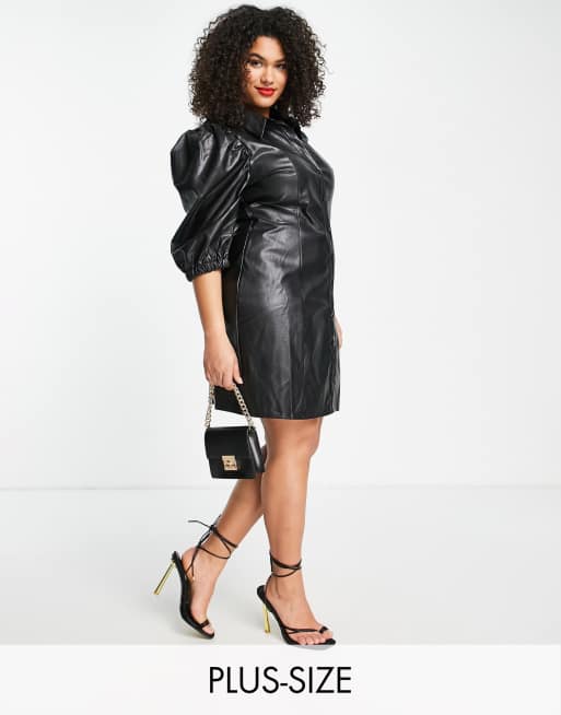 Missguided Plus - Vestito camicia corto con dettaglio a corsetto in pelle sintetica nera