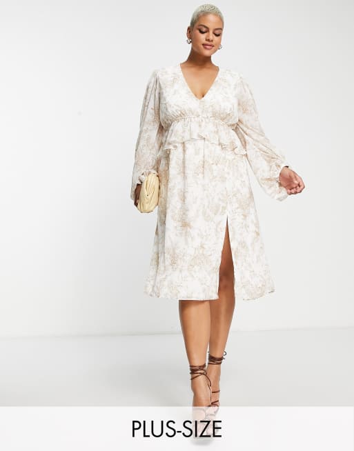 Missguided Plus - Vestito midi con dettaglio con volant e stampa stile porcellana, color cuoio