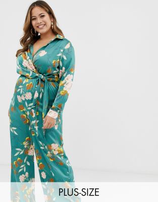 Missguided Plus wide leg jumpsuit in green floral-Multi