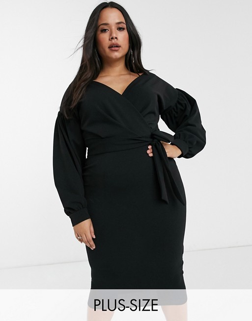 Missguided Plus wrap belted midi dress in black