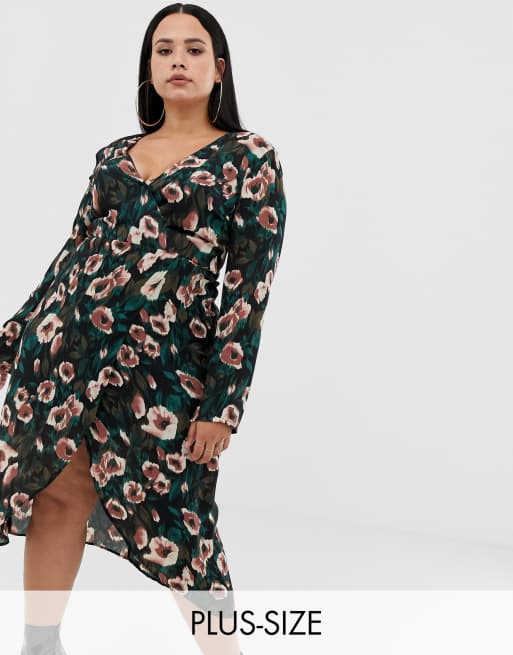 Missguided plus wrap midi 2025 dress in floral print