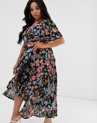 missguided plus wrap midi dress in floral print