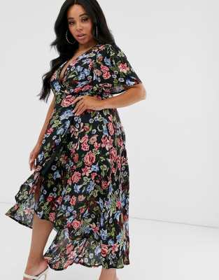 black floral wrap midi dress