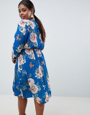 blue floral wrap midi dress