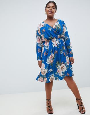 blue floral wrap midi dress