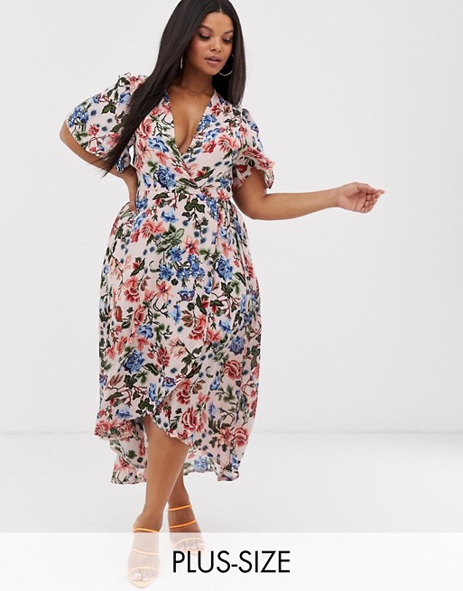 Missguided Plus wrap midi dress in floral print