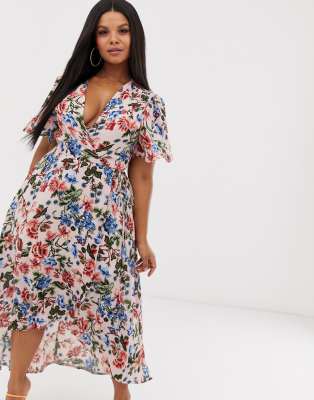 missguided plus wrap midi dress in floral print