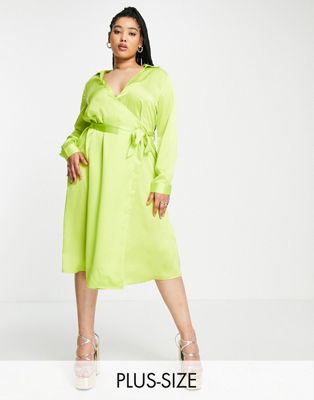 Missguided Plus wrap shirt dress in green satin