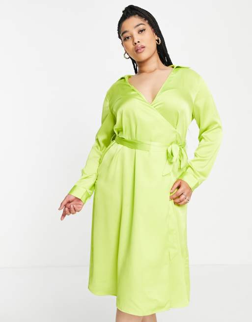 Missguided Plus wrap shirt dress in green satin ASOS