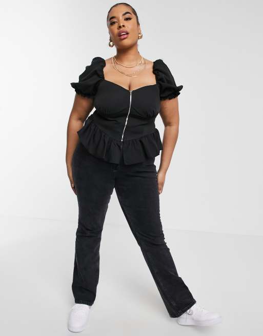 Missguided Plus zip front peplum top with puff sleeve in black