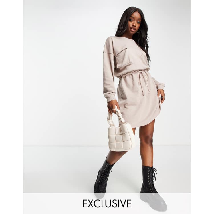 Missguided pocket detail tie waist sweater mini dress in stone
