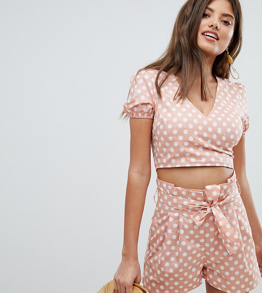 Missguided Polka Dot Wrap Front Top-Pink