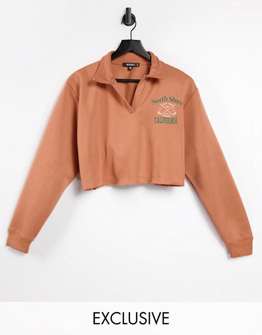 Missguided polo sweatshirt with north shore graphic in tan