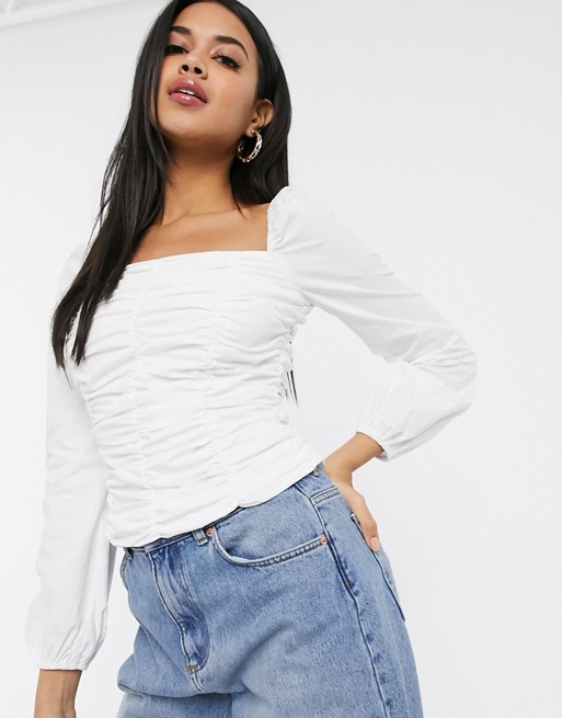 Missguided poplin ruched square neck top in white