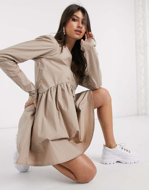 Missguided poplin smock dress in stone | ASOS