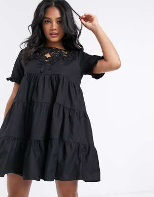 Missguided poplin smock dress with crochet detail in black