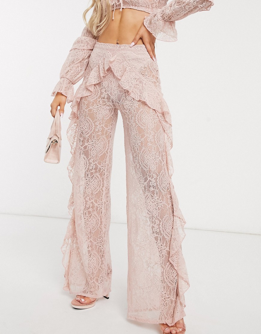 Missguided premium lace wide leg beach trouser co-ord in light pink