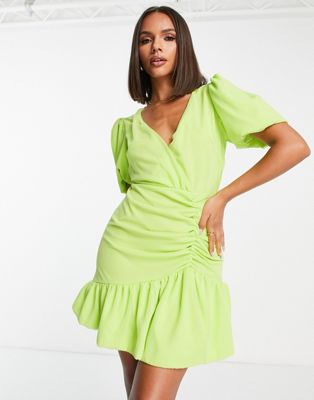 Missguided puff ball wrap dress in lime