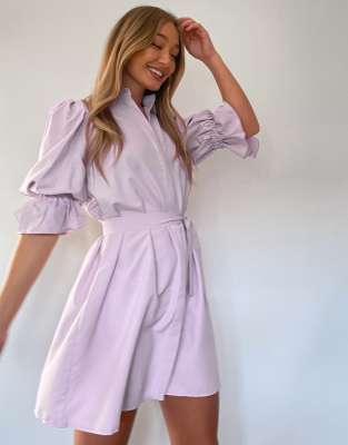 Missguided puff sleeve belted shirt dress in lilac-Purple