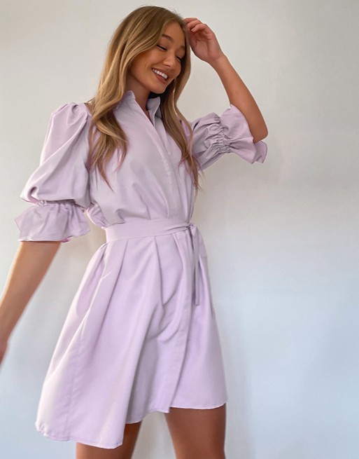 Missguided puff sleeve belted shirt dress in lilac