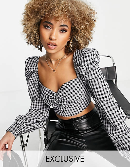 Women Missguided puff sleeve corset top in black gingham 