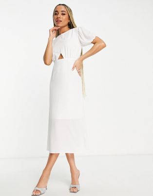 Missguided puff sleeve cut out midi dress in white