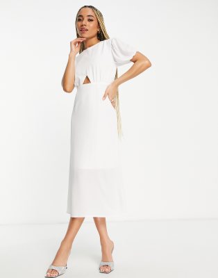 New Look Tall Puff Sleeve Cut Out Midi Dress In White | ModeSens