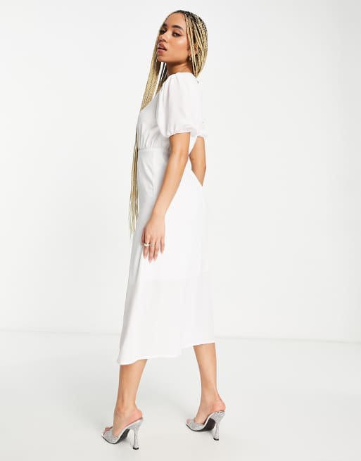 Missguided puff sleeve cut out midi dress in white