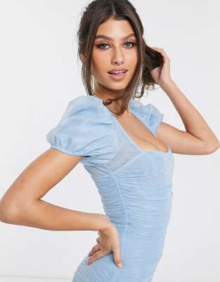 blue ruched mini dress