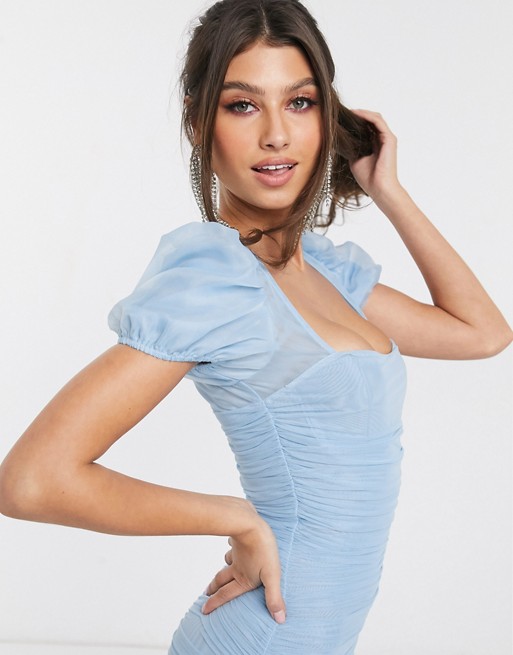 Missguided puff sleeve mesh ruched mini dress in blue