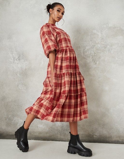 Missguided puff sleeve midi smock dress in red check