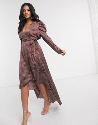 Missguided Puff Sleeve Midi Wrap Dress In Brown Modesens 