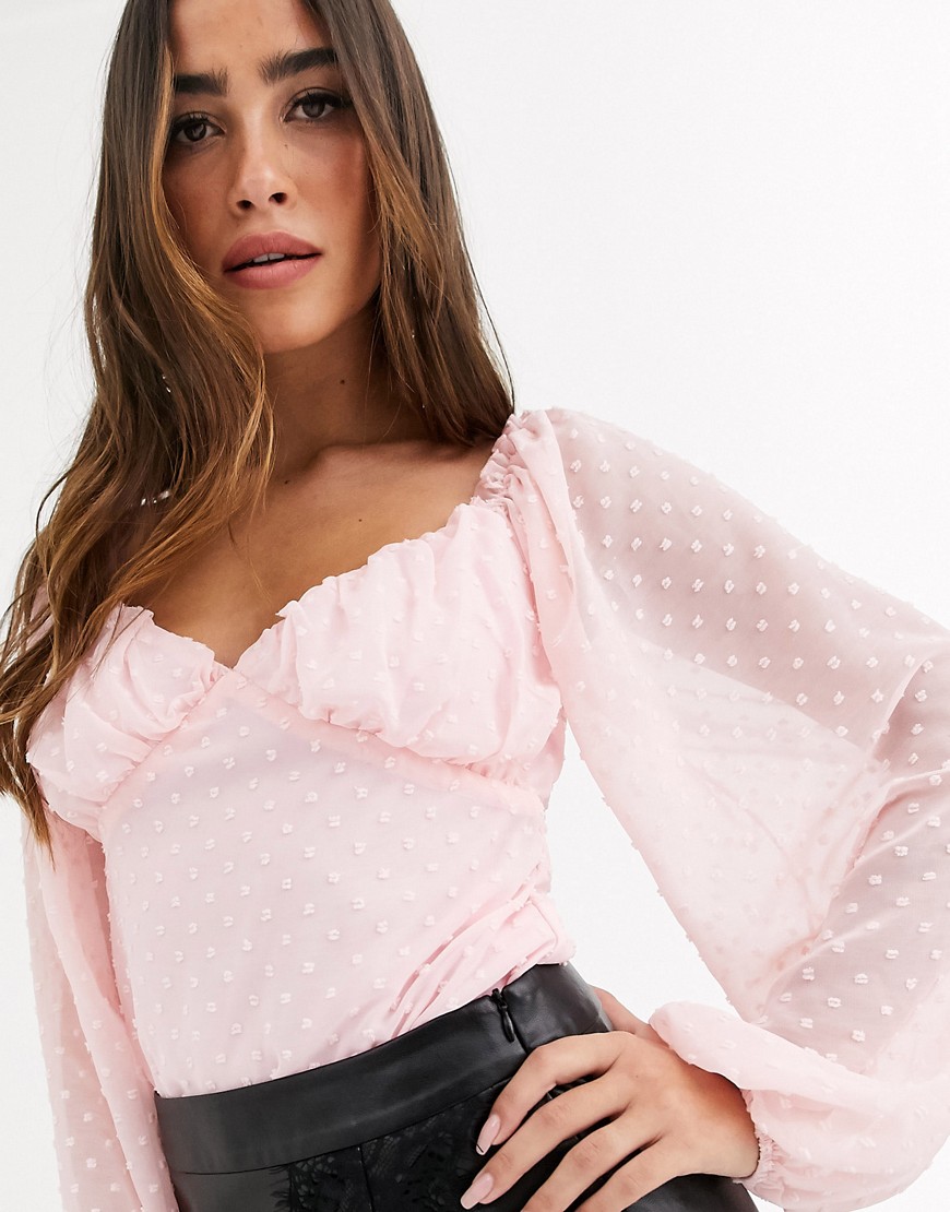 Missguided puff sleeve milkmaid bodysuit in dobby mesh-Pink