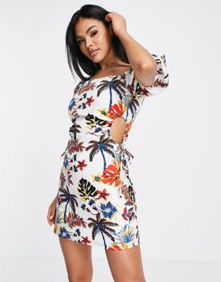 Missguided puff sleeve mini dress with cut out in tropical print