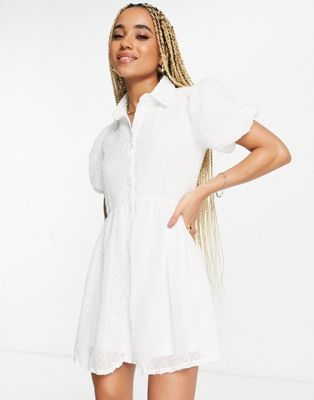 Missguided puff sleeve mini shirt dress in white