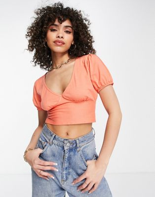 Missguided puff sleeve open tie back crop top in peach