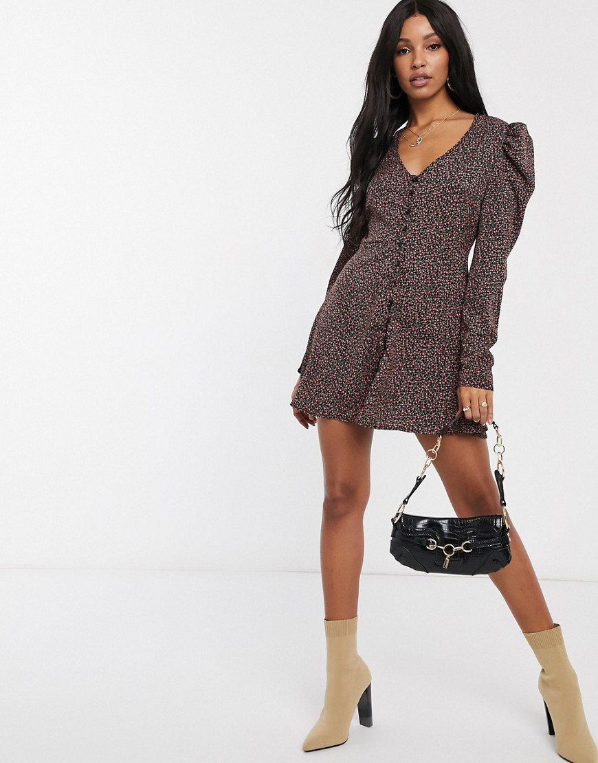 Missguided puff sleeve tea dress in floral print-Black