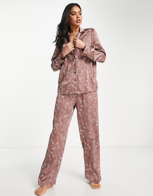 Missguided – Pyjama in Dunkelrosa mit Skizzenmuster