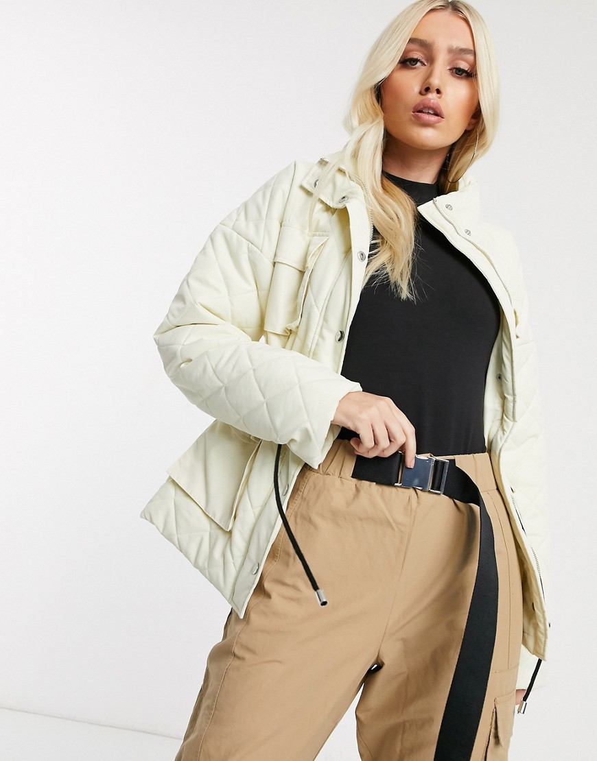 Missguided quilted jacket with drawstring waist detail in cream-White